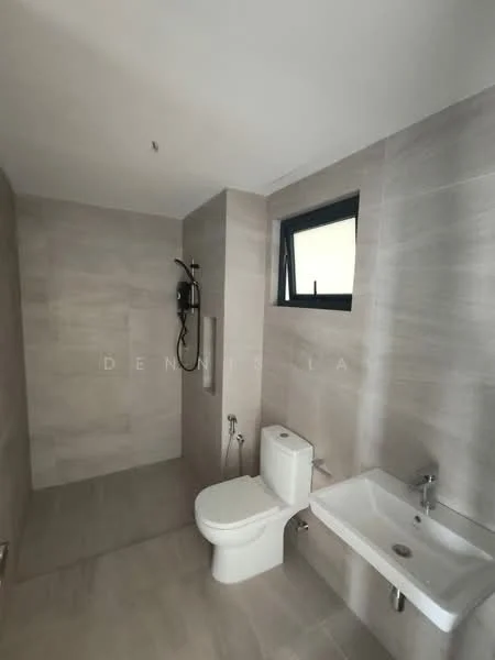 Bathroom features: grey tile flooring, grey tile wall cladding, wall-mounted shower with handheld showerhead, toilet, wall-mounted sink, single-lever faucet, window, recessed lighting; style: modern.