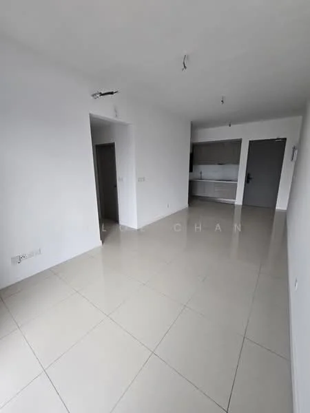 Room features: white painted walls, glossy tile flooring, recessed ceiling lights, open layout, kitchen cabinetry visible, doorway to adjacent room, neutral color scheme, large windows for natural light; style: modern.