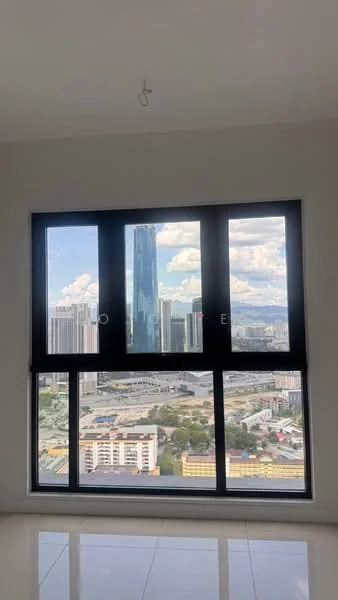 Room features: floor-to-ceiling windows, black window frames, city skyline view, white walls, polished tile flooring, natural light from windows, minimalist design; style: modern; view: city.