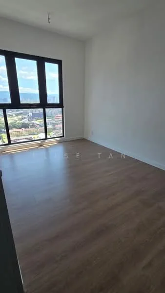 Room features: large floor-to-ceiling windows, wooden flooring, white painted walls, city view, natural light, minimalist decor, no visible furniture, high ceiling; style: modern; view: city.