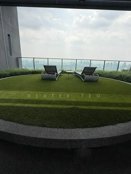 Exterior type: high-rise condominium; features: artificial grass lawn, two lounge chairs, glass railing, city skyline view, concrete base, outdoor space; style: modern.