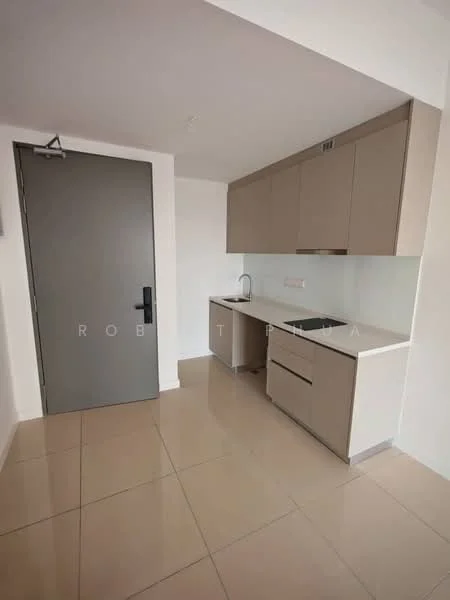 Kitchen features: light brown cabinetry, white countertop, single-bowl stainless-steel sink, chrome pull-down faucet, white backsplash, built-in oven, freestanding range oven, tile flooring, recessed downlights, door leading to hallway; style: modern.