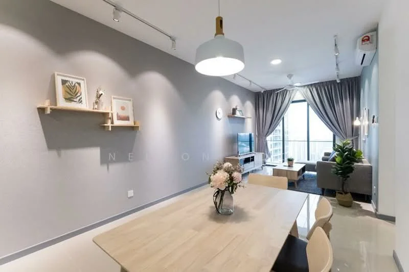 Living features: grey painted walls, white ceiling, recessed downlights, floor-to-ceiling windows, sheer curtains, light grey sofa, wooden coffee table, TV console, wall-mounted TV, decorative wall shelves, dining table with chairs, decorative vase with flowers, area rug; style: modern; view: city.