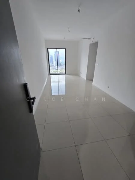 Room features: white painted walls, glossy ceramic tile flooring, floor-to-ceiling windows, city view, recessed downlights, air conditioning unit, single door, neutral color scheme; style: modern; view: city.