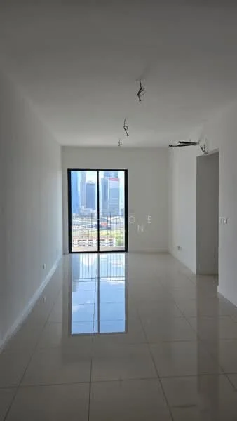 Living features: white painted walls, glossy tile flooring, floor-to-ceiling windows, sliding glass door, city view, recessed downlights, track lighting; style: modern; view: city.