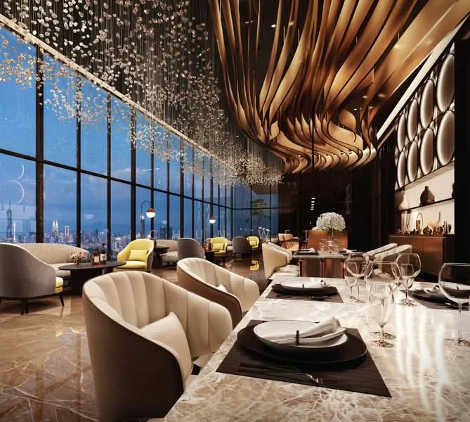 Dining features: large floor-to-ceiling windows, city skyline view, golden decorative ceiling with wavy design, marble dining table, upholstered dining chairs in cream and yellow, elegant table settings with plates and glassware, ambient lighting fixtures, decorative wall panels, luxurious carpet flooring; style: luxury; view: city.