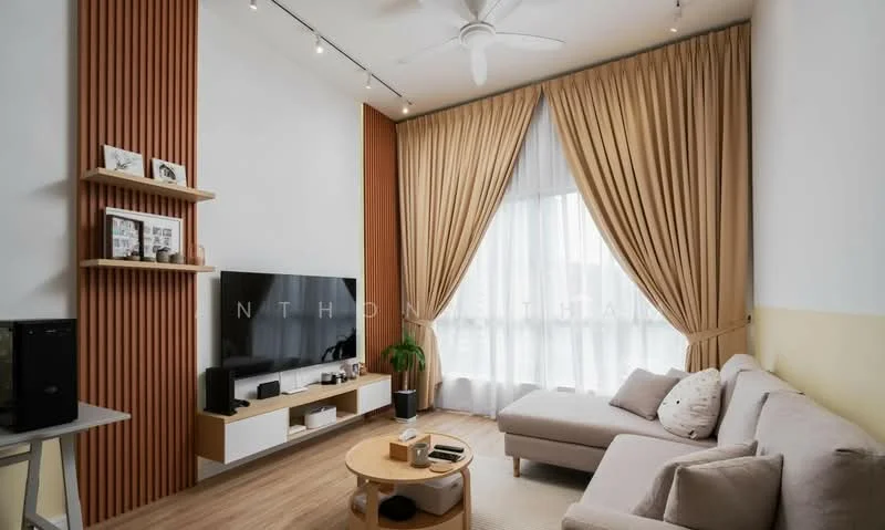 Living features: light wood flooring, white painted walls, wood feature wall with vertical slats, floor-to-ceiling windows, sheer curtains, beige sofa, coffee table, wall-mounted TV, TV console, decorative plants, 5-blade ceiling fan with light, shelving unit with framed photos; style: modern; view: city.