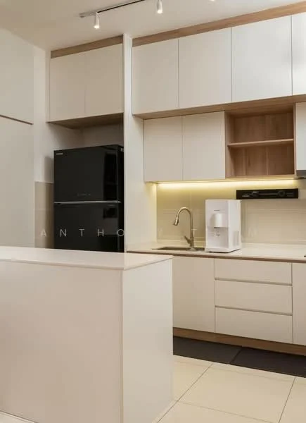 Kitchen features: black fridge, white cabinetry with wood accents, white countertop, single-bowl stainless-steel sink, chrome pull-down faucet, built-in oven, recessed LED downlights, tile flooring, backlit countertop, kitchen island; style: modern.