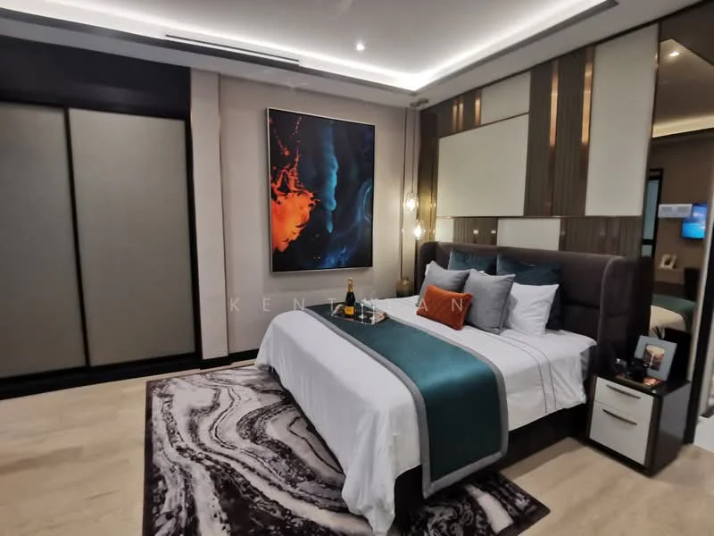 Bedroom features: king-size bed with upholstered headboard, white bedding with teal accent throw, decorative pillows, framed artwork on wall, area rug with marble pattern, nightstand with lamp, wall-mounted TV, built-in wardrobe with sliding doors, recessed ceiling lights, wall sconces, wooden flooring; style: modern.