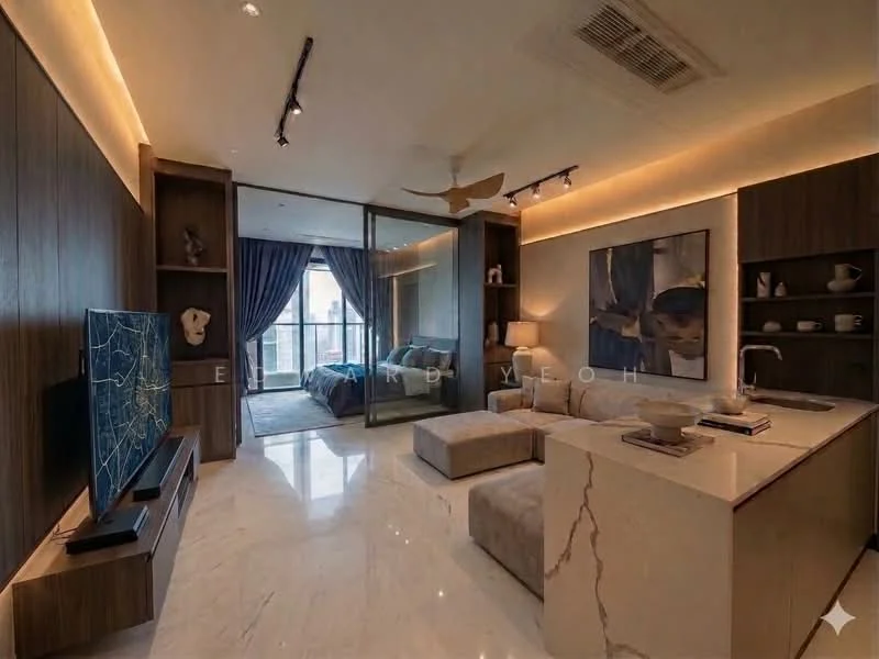 Living features: marble tile flooring, wood panelled accent wall, recessed downlights, 5-blade ceiling fan, floor-to-ceiling windows, sliding glass door, sofa with modular design, coffee table, TV console, decorative artwork, built-in shelving, curtains, open kitchen layout; style: modern; view: city.