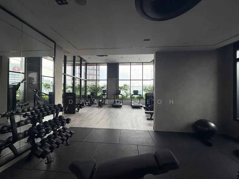 Room features: large floor-to-ceiling windows, grey painted walls, wooden flooring, black rubber flooring, weightlifting bench, free weights rack, exercise mats, treadmill, stationary bike, exercise ball, indoor plants, mirrored wall, ceiling lights; style: modern; view: city.