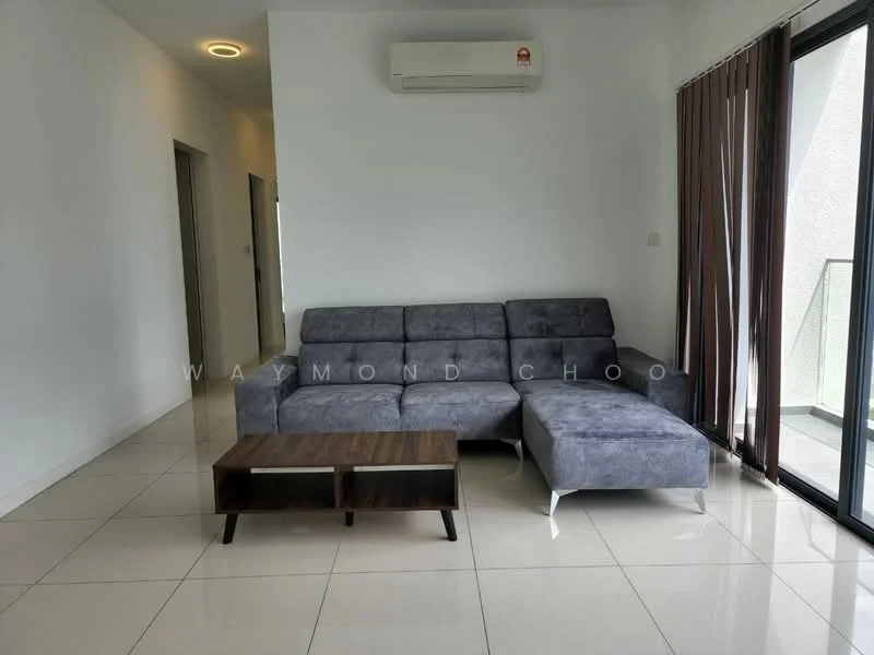 Living features: grey fabric sectional sofa, wooden coffee table, white painted walls, glossy tile flooring, floor-to-ceiling windows, sheer curtains, wall-mounted split AC, recessed ceiling light; style: modern.