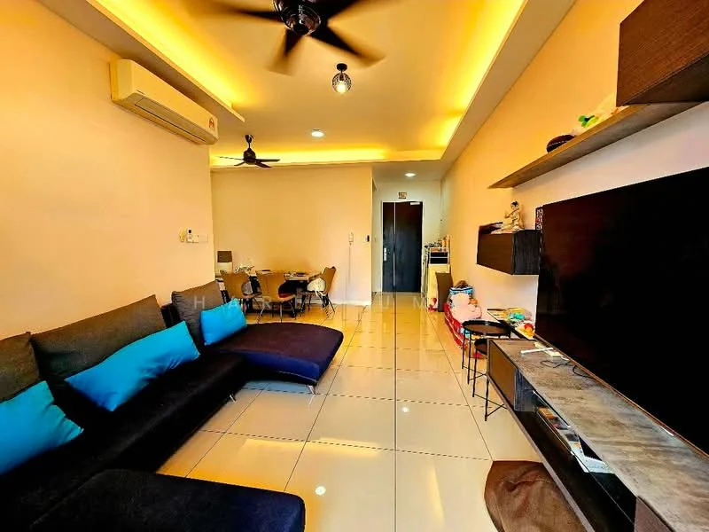 Living features: L-shape sectional sofa in dark grey with blue cushions, wall-mounted TV, TV console, recessed LED downlights, 5-blade ceiling fan, air conditioning unit, glossy white tile flooring, decorative wall shelf, dining table with chairs visible in background; style: modern.