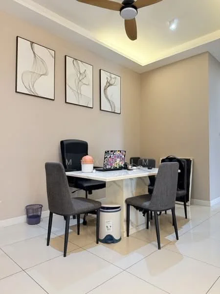 Dining features: white dining table, 4 grey upholstered dining chairs, ceiling fan with light, framed artwork on walls, cream painted walls, tile flooring, laptop on table, waste bin, decorative item on table; style: modern.