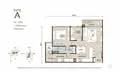 Floor plan: 2-bedroom 2-bathroom unit; features: open-plan kitchen-dining-living, master bedroom with ensuite bathroom, bedroom 2 with shared bathroom, utility room, balcony off living room, central foyer.