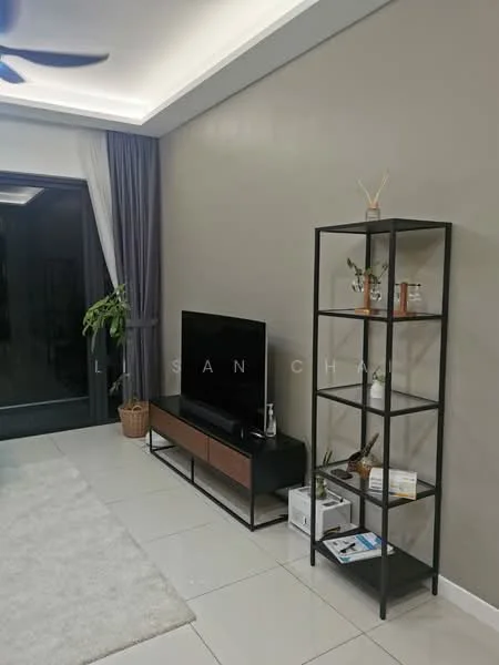 Living features: light grey painted walls, white ceiling with recessed lighting, 5-blade ceiling fan, large sliding glass door, floor-to-ceiling curtains, light-colored area rug, black TV console with wooden accents, wall-mounted flat-screen TV, metal shelving unit, decorative plants, decorative items on shelves; style: modern.
