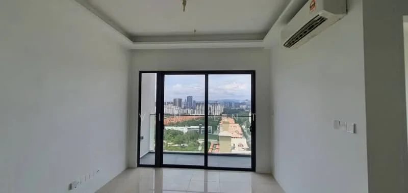 Room features: white painted walls, marble tile flooring, floor-to-ceiling windows, sliding glass door, 1 wall-mounted split AC, crown moulding, city view; style: modern; view: city.