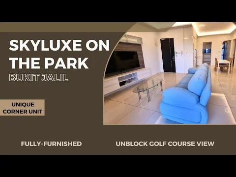 Living features: light blue fabric sofa, glass coffee table, wall-mounted TV, TV console, recessed ceiling lights, tile flooring, large window with view, neutral wall color, decorative wall paneling; style: modern; view: golf course.