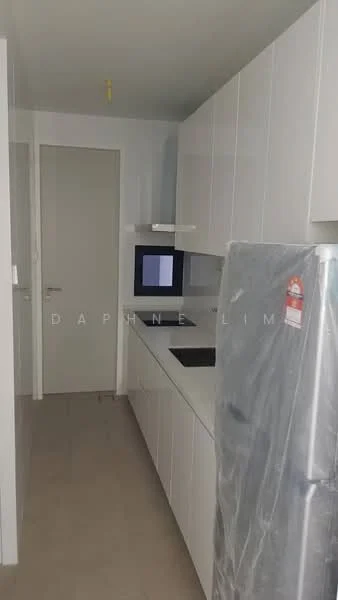 Kitchen features: white cabinetry, stainless-steel fridge, built-in oven, microwave, black cooktop, light-colored countertop, neutral wall color, tile flooring; style: modern.