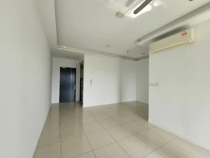 Room features: white painted walls, glossy tile flooring, ceiling with recessed lighting, 1 wall-mounted split AC, open layout, no visible furniture, neutral color scheme, large windows for natural light; style: modern.