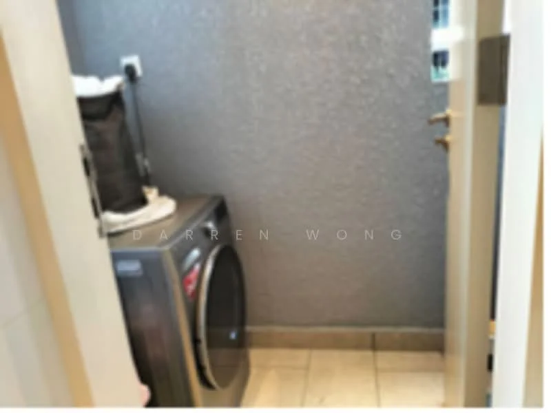 Laundry features: front-load washing machine, tumble dryer, grey painted walls, tile flooring, light switch, door handle, laundry basket, countertop space.