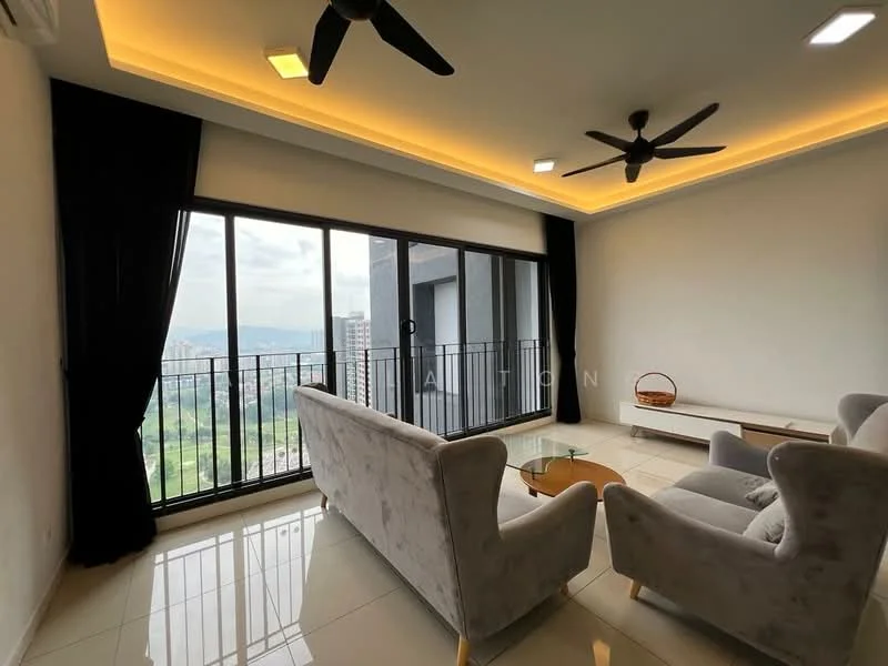 Living features: floor-to-ceiling windows, grey fabric 3-seater sofa, 2 grey fabric armchairs, white coffee table, recessed LED downlights, 5-blade ceiling fan, blackout curtains, white painted walls, glossy tile flooring, balcony view, decorative basket; style: modern; view: city.
