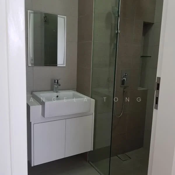 Bathroom features: single-sink vanity with white cabinet, chrome basin mixer faucet, mirror above sink, glass shower enclosure, rain shower head, wall-mounted shower controls, tile cladding on walls, neutral tile flooring; style: modern.