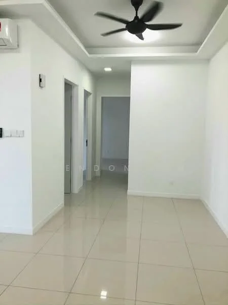Room features: white painted walls, glossy ceramic tile flooring, 5-blade ceiling fan, recessed downlights, doorway to adjacent rooms, air conditioning unit on wall, crown moulding on ceiling; style: modern.