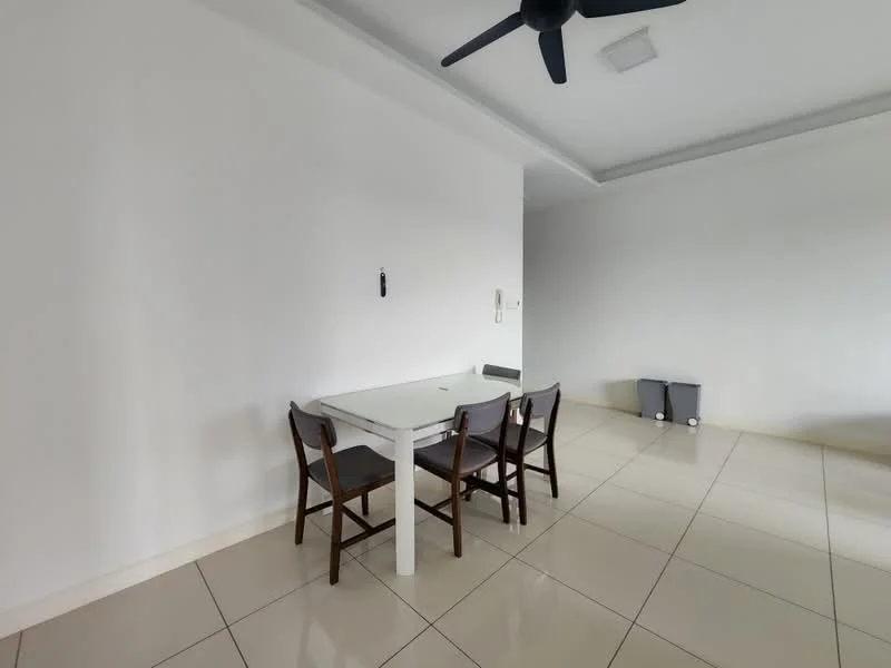 Dining features: white painted walls, glossy beige tile flooring, ceiling fan, 4-seater dining table, wooden dining chairs, light fixture on ceiling, minimalist decor, no visible window treatments; style: modern.