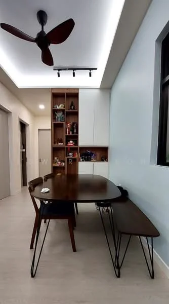 Dining features: rectangular wooden dining table, 4 wooden dining chairs, built-in shelving unit with open shelves, white cabinetry, light blue painted walls, recessed LED lighting, ceiling fan with 3 blades, large window with black frame, wooden bench seating, light-colored flooring; style: modern.