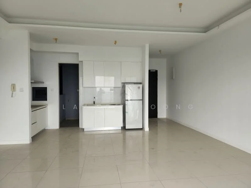 Kitchen features: white cabinetry, stainless-steel fridge, built-in oven, ceramic tile flooring, white walls, recessed ceiling lights, single-bowl stainless-steel sink, chrome pull-down faucet; style: modern. Living features: open layout, ceramic tile flooring, white walls, recessed ceiling lights; style: modern.