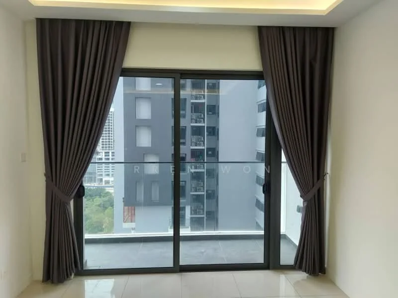 Room features: floor-to-ceiling sliding glass door, grey curtains, white painted walls, tile flooring, recessed ceiling lights; style: modern; view: city.