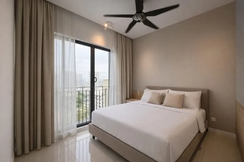 Bedroom features: king-size bed, upholstered headboard, 2 bedside tables, floor-to-ceiling windows, sheer curtains, blackout curtains, 5-blade ceiling fan, neutral wall colour, glossy tile flooring, decorative cushions, wall-mounted light fixture; style: modern; view: city.