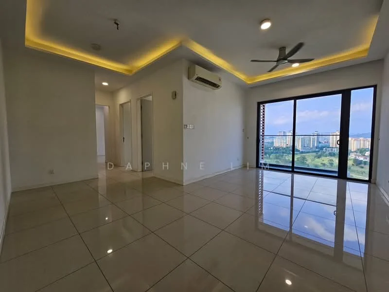 Living features: white painted walls, glossy ceramic tile flooring, tray ceiling with recessed lighting, 5-blade ceiling fan, floor-to-ceiling windows, sliding glass door, city view, air conditioning unit; style: modern; view: city.