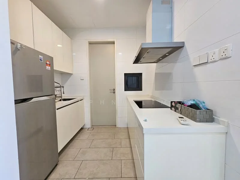 Kitchen features: white cabinets, stainless-steel fridge, built-in oven, induction cooktop, stainless-steel range hood, white countertop, tile backsplash, grey tile flooring, single-bowl stainless-steel sink, chrome pull-down faucet, wall-mounted microwave, kitchen cabinet with handleless design; style: modern.