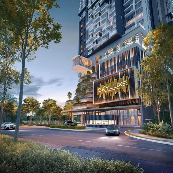 Exterior type: high-rise condominium; features: glass curtain wall, projecting balconies, feature lighting at night, manicured lawn, mature trees, stone-paved walkway, double-volume main lobby, porte cochère drop-off, signage with 'SKYLUXE', surrounded by mature greenery; style: modern.