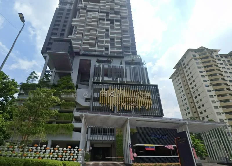 Exterior type: high-rise condominium; features: glass curtain wall, green vertical gardens, projecting balconies, feature lighting at night, double-volume main lobby, manicured landscaping, covered parking, guard house at entrance; style: modern.