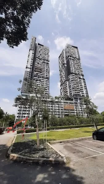 Exterior type: high-rise condominium; features: glass curtain wall, exposed concrete facade, recessed balconies, vertical fins, manicured lawn, mature trees, surrounded by greenery, open-air parking lot; style: modern.