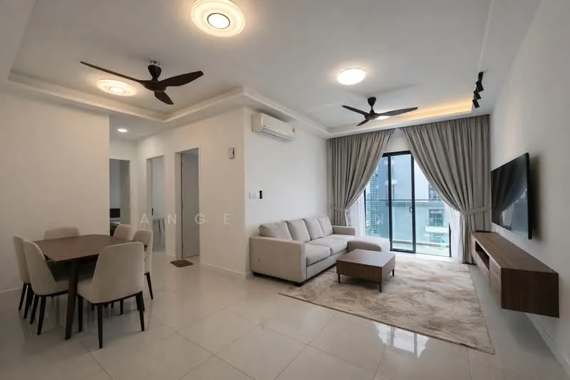 Living features: 3-seater fabric sofa in light grey, coffee table, TV console, wall-mounted TV, area rug with geometric pattern, 2-blade ceiling fan, recessed downlights, floor-to-ceiling windows, curtains, white painted walls, polished tile flooring, decorative wall panel, air conditioning unit; style: modern; view: city. Dining features: 6-seater dining table, upholstered dining chairs, white painted walls, polished tile flooring, recessed downlights; style: modern; view: city.