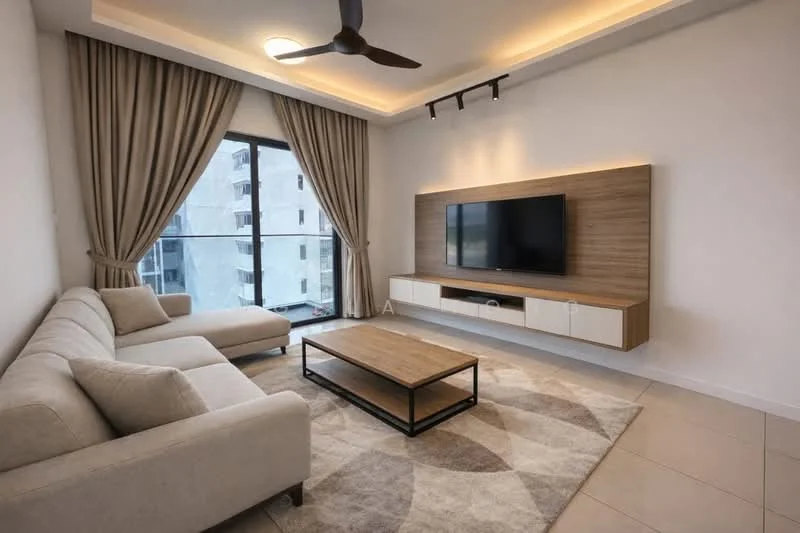 Living features: 3-seater fabric sofa in light grey, coffee table with wooden top and black metal legs, wall-mounted TV, TV console with wooden cabinetry, floor-to-ceiling windows, sheer curtains, recessed LED downlights, ceiling fan with light, area rug with geometric pattern, decorative wall paneling; style: modern.