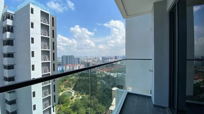 Room features: glass balcony railing, grey tiled flooring, city skyline view, outdoor space; style: modern; view: city.