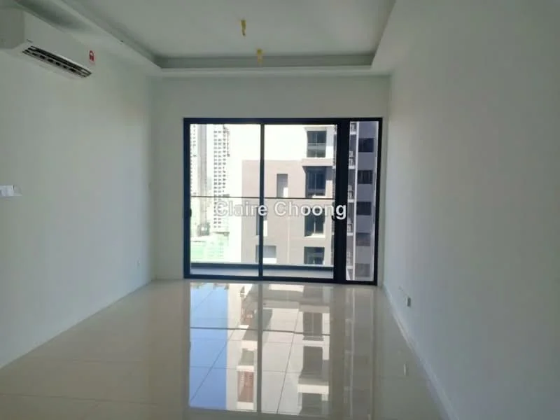 Room features: white painted walls, glossy tile flooring, floor-to-ceiling windows, sliding glass door, air conditioning unit, natural light, city view; style: modern; view: city.