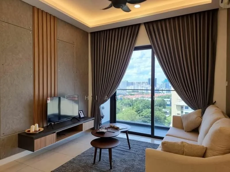 Living features: cream fabric sofa, wooden coffee table, flat-screen TV on wall-mounted console, floor-to-ceiling windows, sheer curtains, dark grey area rug, recessed ceiling lights, wood panel accent wall, light grey walls, ceiling fan; style: modern; view: city.