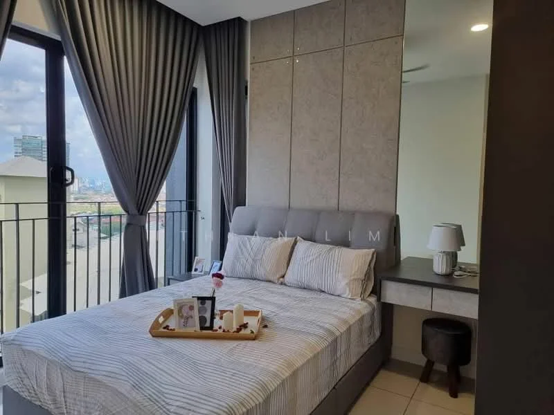 Bedroom features: queen-size bed with upholstered headboard, striped bedding, bedside table with lamp, decorative tray on bed, floor-to-ceiling windows, curtains in grey fabric, wall-mounted decor, light-colored wall panels, tile flooring, ceiling fan; style: modern; view: city.