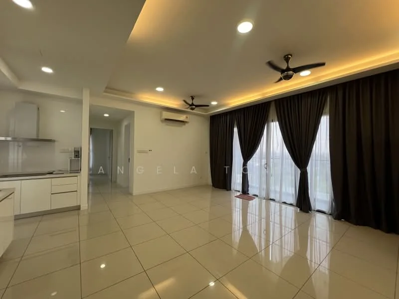 Living features: white walls, glossy beige tile flooring, recessed downlights, 2 ceiling fans, floor-to-ceiling windows, sheer curtains, blackout curtains, air conditioning unit, LED strip lighting, open layout to kitchen; style: modern; view: city. Kitchen features: white cabinetry, stainless-steel appliances, kitchen island, open layout to living area; style: modern.