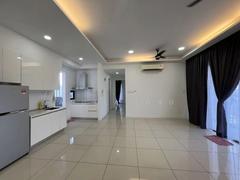 Living features: white painted walls, glossy ceramic tile flooring, recessed downlights, 5-blade ceiling fan, sliding glass door, blackout curtains, kitchenette with white cabinets, stainless-steel fridge, wall-mounted air conditioning unit; style: modern; view: city.