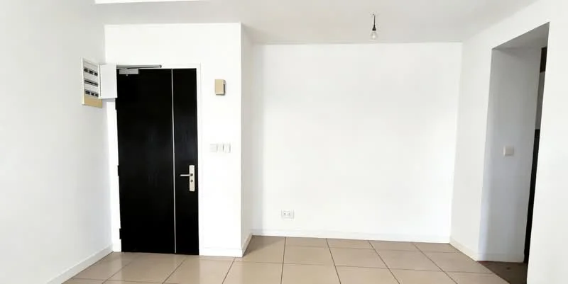 Room features: white painted walls, tile flooring, black front door, single pendant light, corner wall with electrical panel, doorway leading to another room; style: modern.