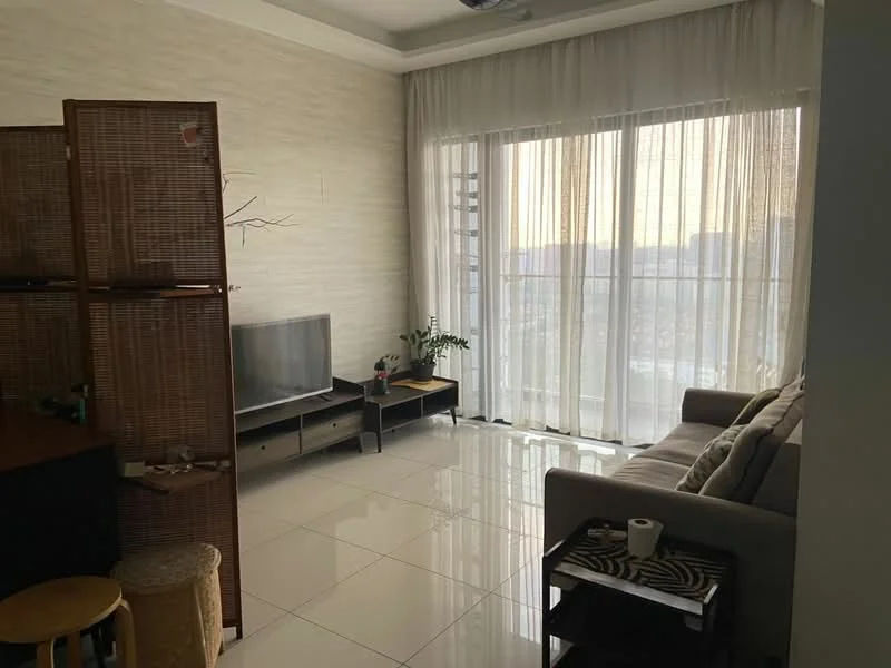 Living features: floor-to-ceiling windows, white sheer curtains, light grey painted walls, glossy white tile flooring, 3-seater fabric sofa in light grey, wooden TV console, wall-mounted TV, decorative plant in pot, coffee table, woven partition, area rug with geometric pattern; style: modern; view: city.