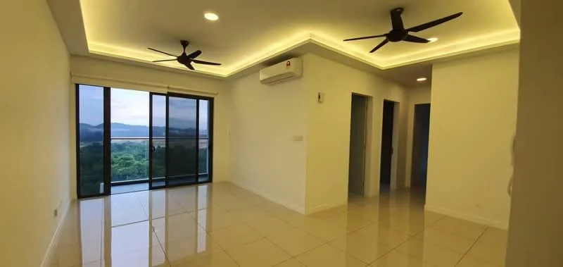 Living features: white painted walls, glossy ceramic tile flooring, tray ceiling with recessed lighting, 2 ceiling fans, floor-to-ceiling windows, sliding glass door, mountain view, air conditioning unit; style: modern; view: mountain.