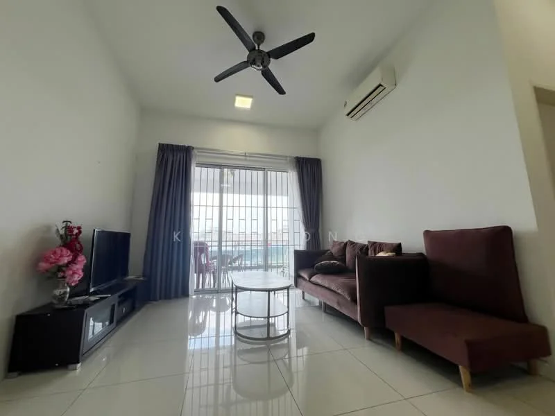 Living features: white painted walls, glossy tile flooring, 5-blade ceiling fan with light, floor-to-ceiling windows, sliding glass door, curtains, TV console, wall-mounted TV, 2-seater fabric sofa in brown, 3-seater fabric sofa in brown, coffee table; style: modern; view: city.
